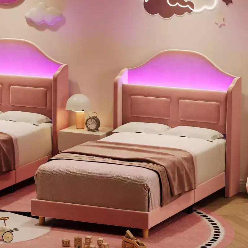Struttura Letto Singolo con Testiera Contenitore e Luci LED, Letto Imbottito in Velluto per Bambini, Nessuna Rete a Molle Necessaria, Robusta Struttura in Metallo e Legno