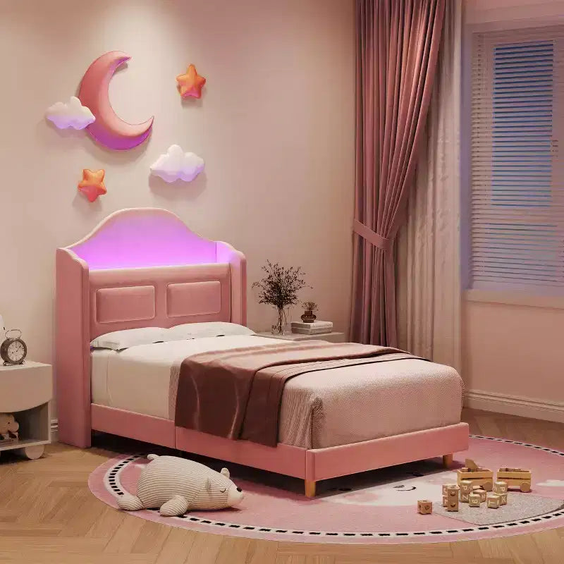 Struttura Letto Singolo con Testiera Contenitore e Luci LED, Letto Imbottito in Velluto per Bambini, Nessuna Rete a Molle Necessaria, Robusta Struttura in Metallo e Legno