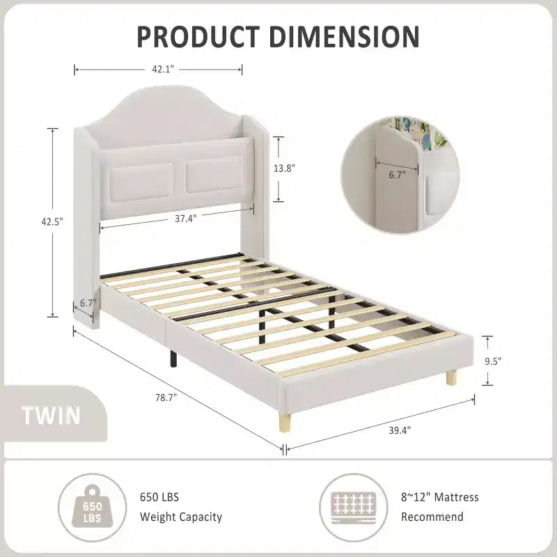 Struttura Letto Singolo con Testiera Contenitore e Luci LED, Letto Imbottito in Velluto per Bambini, Nessuna Rete a Molle Necessaria, Robusta Struttura in Metallo e Legno