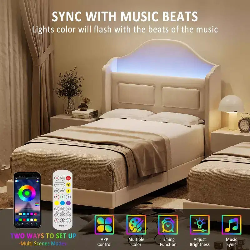 Struttura Letto Singolo con Testiera Contenitore e Luci LED, Letto Imbottito in Velluto per Bambini, Nessuna Rete a Molle Necessaria, Robusta Struttura in Metallo e Legno