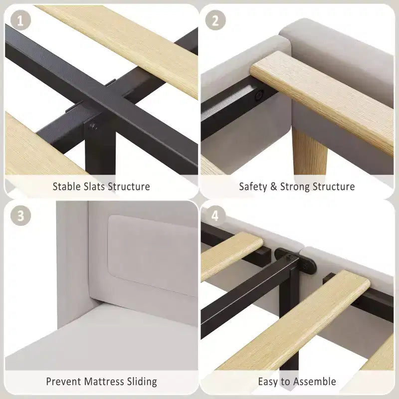 Struttura Letto Singolo con Testiera Contenitore e Luci LED, Letto Imbottito in Velluto per Bambini, Nessuna Rete a Molle Necessaria, Robusta Struttura in Metallo e Legno