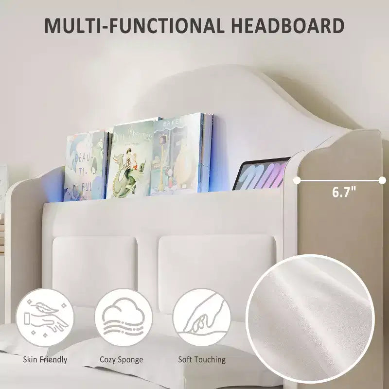 Struttura Letto Singolo con Testiera Contenitore e Luci LED, Letto Imbottito in Velluto per Bambini, Nessuna Rete a Molle Necessaria, Robusta Struttura in Metallo e Legno