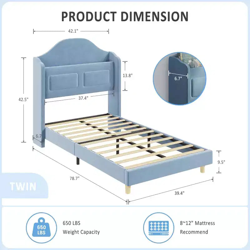 Struttura Letto Singolo con Testiera Contenitore e Luci LED, Letto Imbottito in Velluto per Bambini, Nessuna Rete a Molle Necessaria, Robusta Struttura in Metallo e Legno