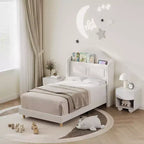 Struttura Letto Singolo con Testiera Contenitore e Luci LED, Letto Imbottito in Velluto per Bambini, Nessuna Rete a Molle Necessaria, Robusta Struttura in Metallo e Legno