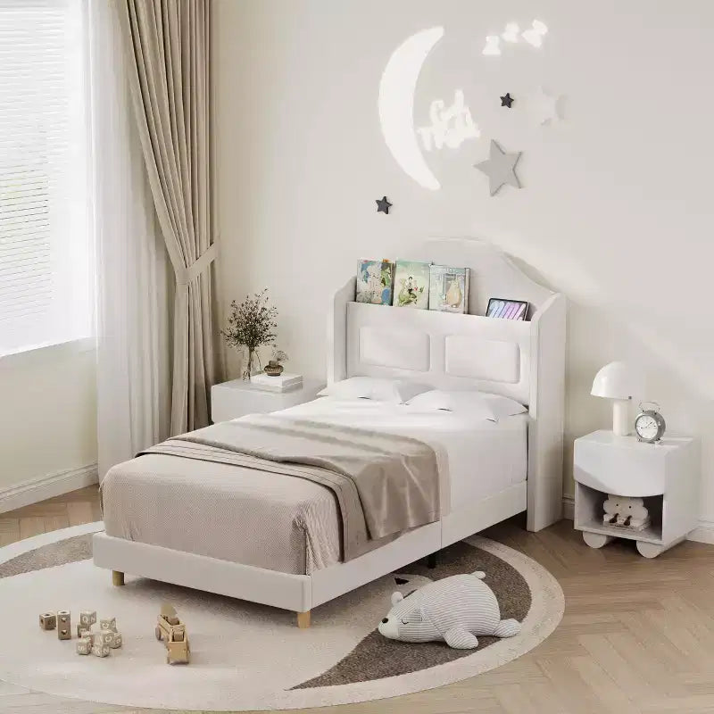 Struttura Letto Singolo con Testiera Contenitore e Luci LED, Letto Imbottito in Velluto per Bambini, Nessuna Rete a Molle Necessaria, Robusta Struttura in Metallo e Legno