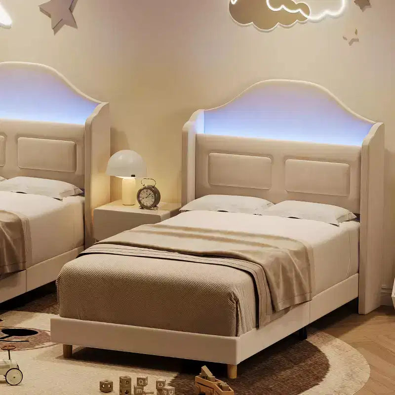 Struttura Letto Singolo con Testiera Contenitore e Luci LED, Letto Imbottito in Velluto per Bambini, Nessuna Rete a Molle Necessaria, Robusta Struttura in Metallo e Legno