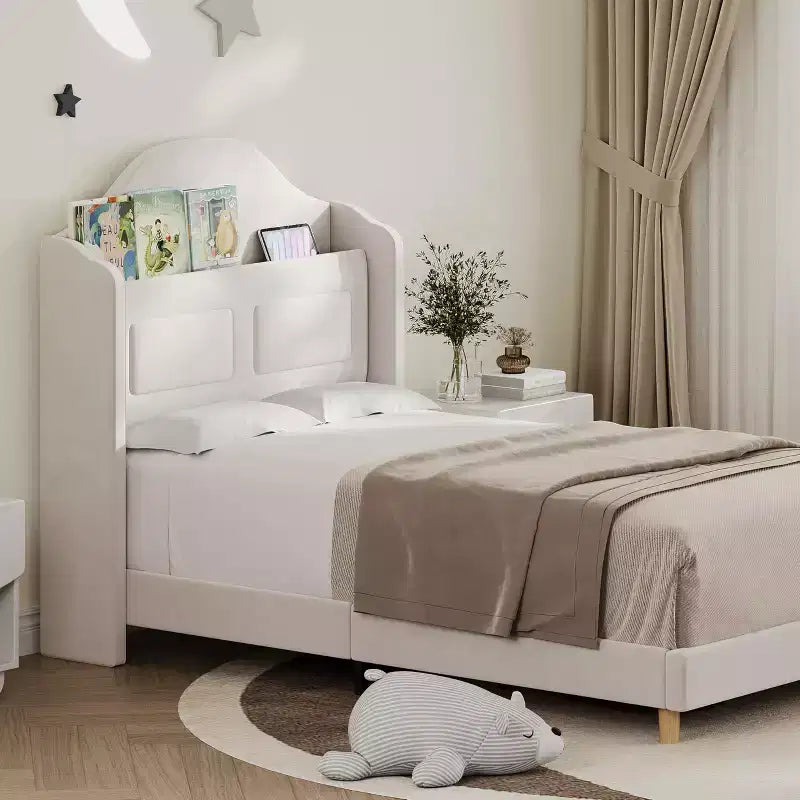 Struttura Letto Singolo con Testiera Contenitore e Luci LED, Letto Imbottito in Velluto per Bambini, Nessuna Rete a Molle Necessaria, Robusta Struttura in Metallo e Legno
