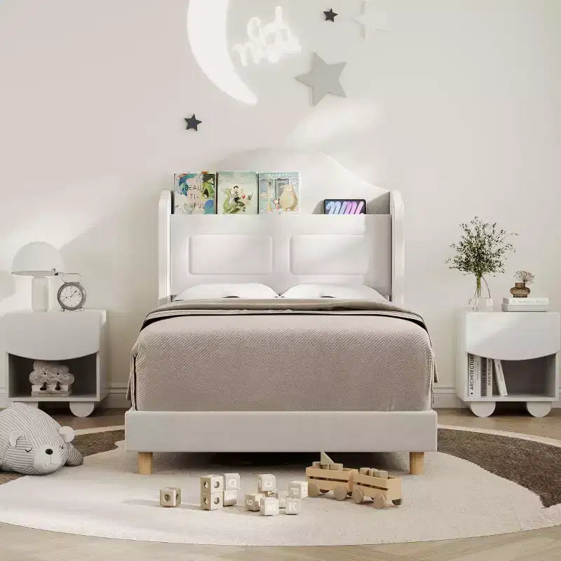 Struttura Letto Singolo con Testiera Contenitore e Luci LED, Letto Imbottito in Velluto per Bambini, Nessuna Rete a Molle Necessaria, Robusta Struttura in Metallo e Legno