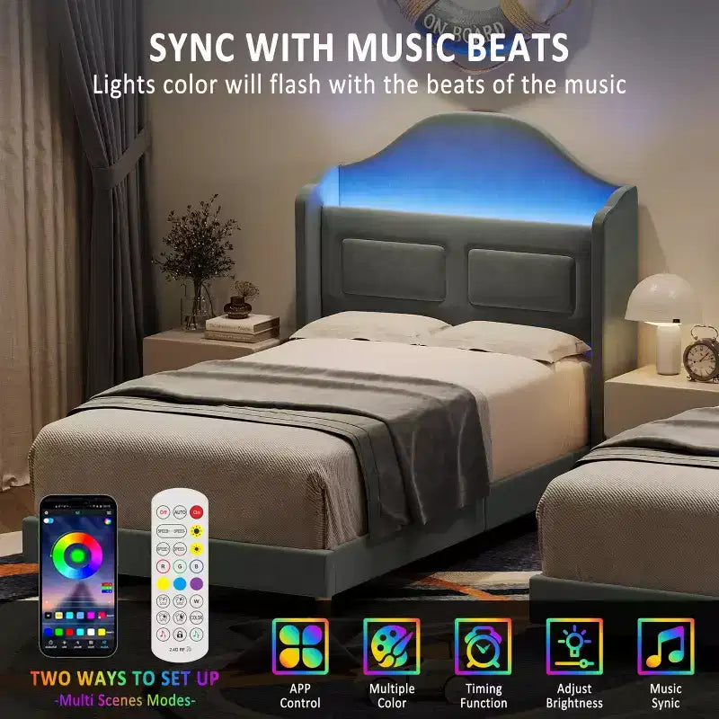 Struttura Letto Singolo con Testiera Contenitore e Luci LED, Letto Imbottito in Velluto per Bambini, Nessuna Rete a Molle Necessaria, Robusta Struttura in Metallo e Legno