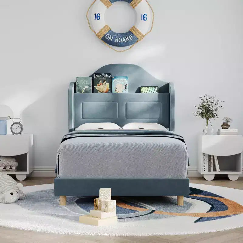 Struttura Letto Singolo con Testiera Contenitore e Luci LED, Letto Imbottito in Velluto per Bambini, Nessuna Rete a Molle Necessaria, Robusta Struttura in Metallo e Legno