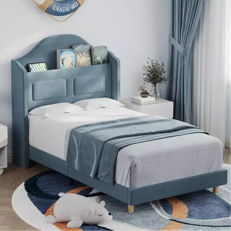 Struttura Letto Singolo con Testiera Contenitore e Luci LED, Letto Imbottito in Velluto per Bambini, Nessuna Rete a Molle Necessaria, Robusta Struttura in Metallo e Legno
