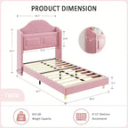 Struttura Letto Singolo con Testiera Contenitore e Luci LED, Letto Imbottito in Velluto per Bambini, Nessuna Rete a Molle Necessaria, Robusta Struttura in Metallo e Legno