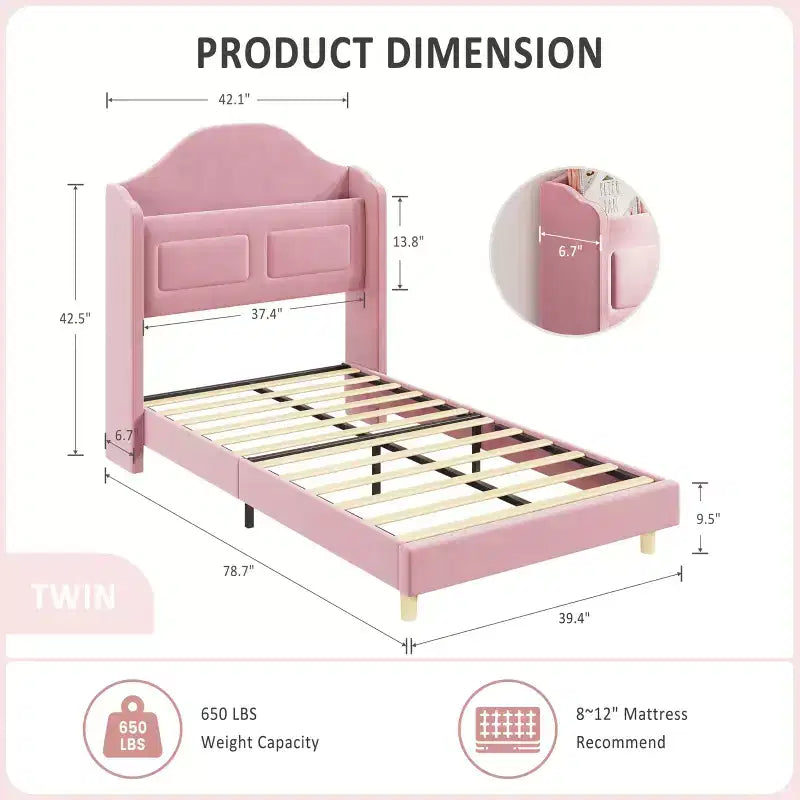 Struttura Letto Singolo con Testiera Contenitore e Luci LED, Letto Imbottito in Velluto per Bambini, Nessuna Rete a Molle Necessaria, Robusta Struttura in Metallo e Legno