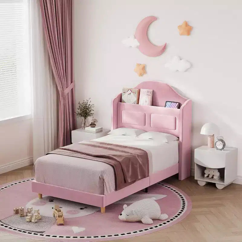 Struttura Letto Singolo con Testiera Contenitore e Luci LED, Letto Imbottito in Velluto per Bambini, Nessuna Rete a Molle Necessaria, Robusta Struttura in Metallo e Legno