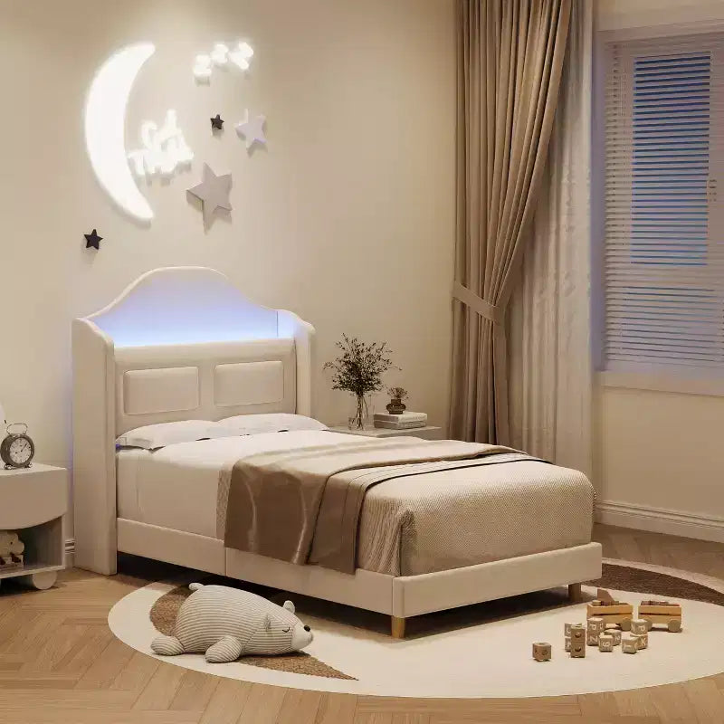 Struttura Letto Singolo con Testiera Contenitore e Luci LED, Letto Imbottito in Velluto per Bambini, Nessuna Rete a Molle Necessaria, Robusta Struttura in Metallo e Legno