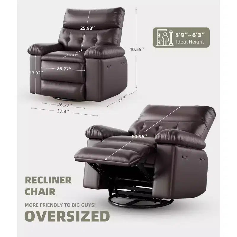 Poltrona reclinabile elettrica a 360° con funzione Power Swivel Rocker, riscaldamento e massaggio, in pelle PU (imbottitura 1,5X in spugna per soggiorno)