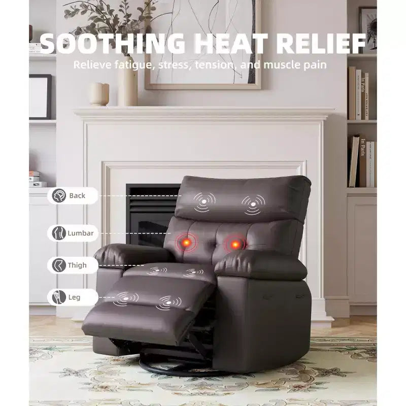 Poltrona reclinabile elettrica a 360° con funzione Power Swivel Rocker, riscaldamento e massaggio, in pelle PU (imbottitura 1,5X in spugna per soggiorno)