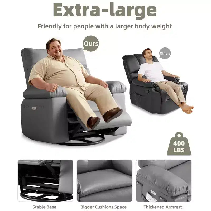 Poltrona reclinabile elettrica a 360° con funzione Power Swivel Rocker, riscaldamento e massaggio, in pelle PU (imbottitura 1,5X in spugna per soggiorno)