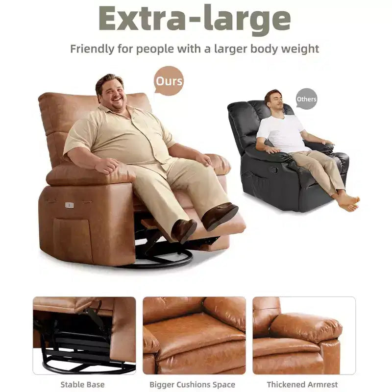 Poltrona reclinabile elettrica a 360° con funzione Power Swivel Rocker, riscaldamento e massaggio, in pelle PU (imbottitura 1,5X in spugna per soggiorno)
