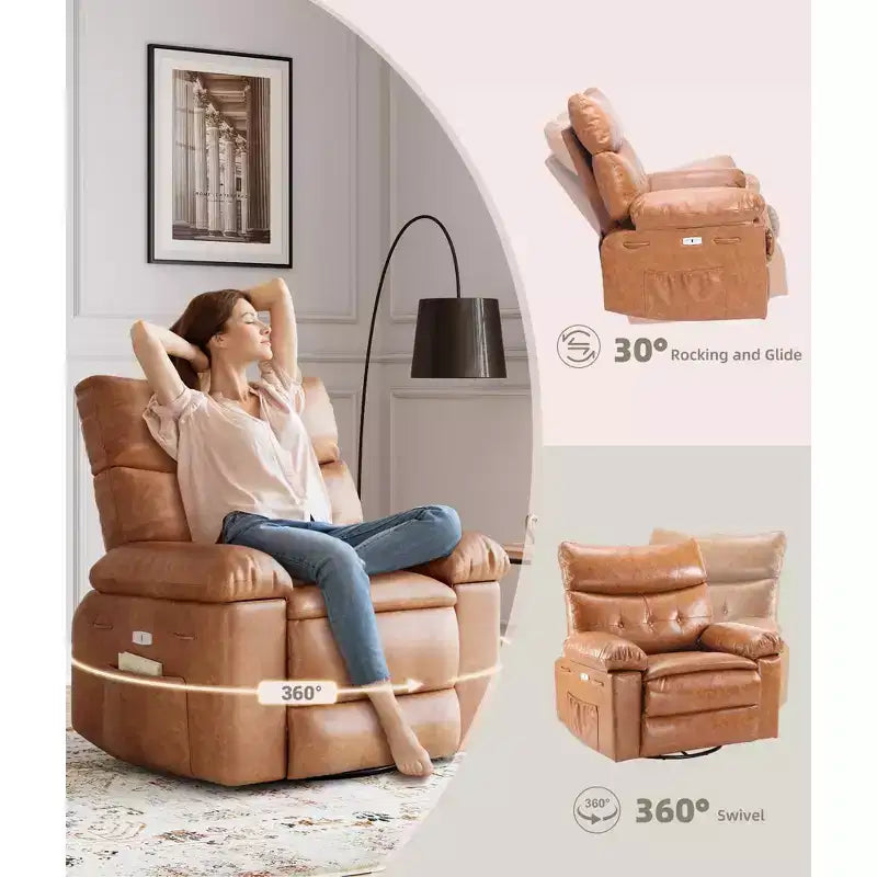 Poltrona reclinabile elettrica a 360° con funzione Power Swivel Rocker, riscaldamento e massaggio, in pelle PU (imbottitura 1,5X in spugna per soggiorno)