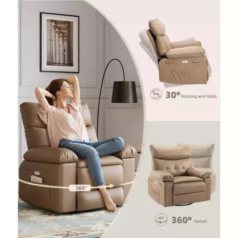 Poltrona reclinabile elettrica a 360° con funzione Power Swivel Rocker, riscaldamento e massaggio, in pelle PU (imbottitura 1,5X in spugna per soggiorno)