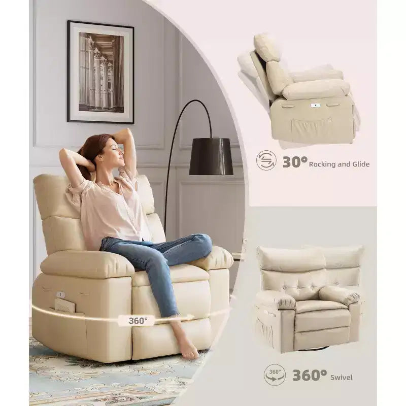 Poltrona reclinabile elettrica a 360° con funzione Power Swivel Rocker, riscaldamento e massaggio, in pelle PU (imbottitura 1,5X in spugna per soggiorno)