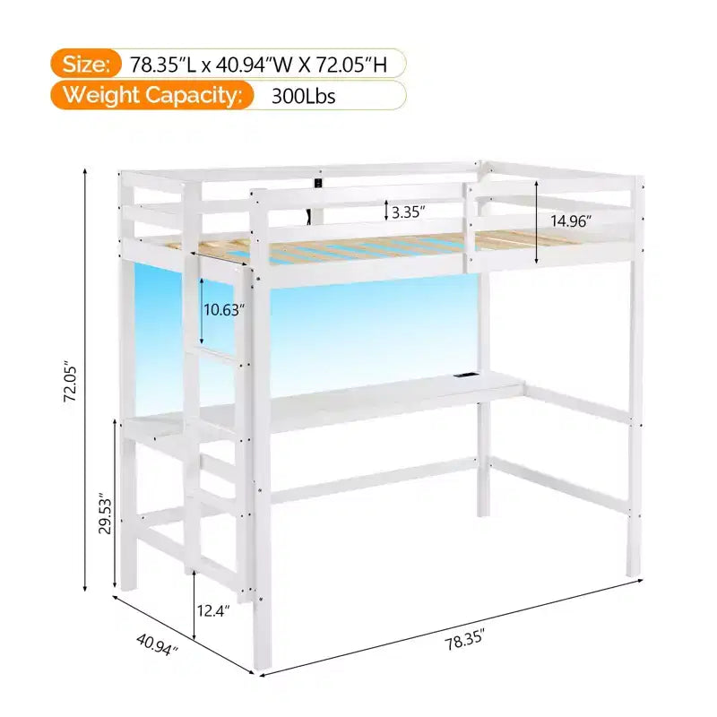Vingli Letto a Soppalco con Scrivania, Letto a Castello in Legno Twin Size con LED RGB per Adulti, 2 Stazioni di Ricarica su Sponda Alta e Scrivania, Supporto a Doghe in Legno, Bianco