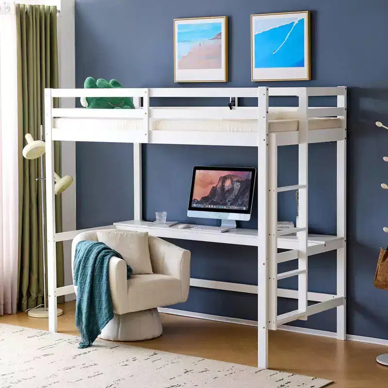 Vingli Letto a Soppalco con Scrivania, Letto a Castello in Legno Twin Size con LED RGB per Adulti, 2 Stazioni di Ricarica su Sponda Alta e Scrivania, Supporto a Doghe in Legno, Bianco