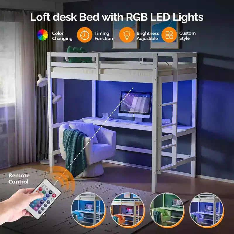 Vingli Letto a Soppalco con Scrivania, Letto a Castello in Legno Twin Size con LED RGB per Adulti, 2 Stazioni di Ricarica su Sponda Alta e Scrivania, Supporto a Doghe in Legno, Bianco