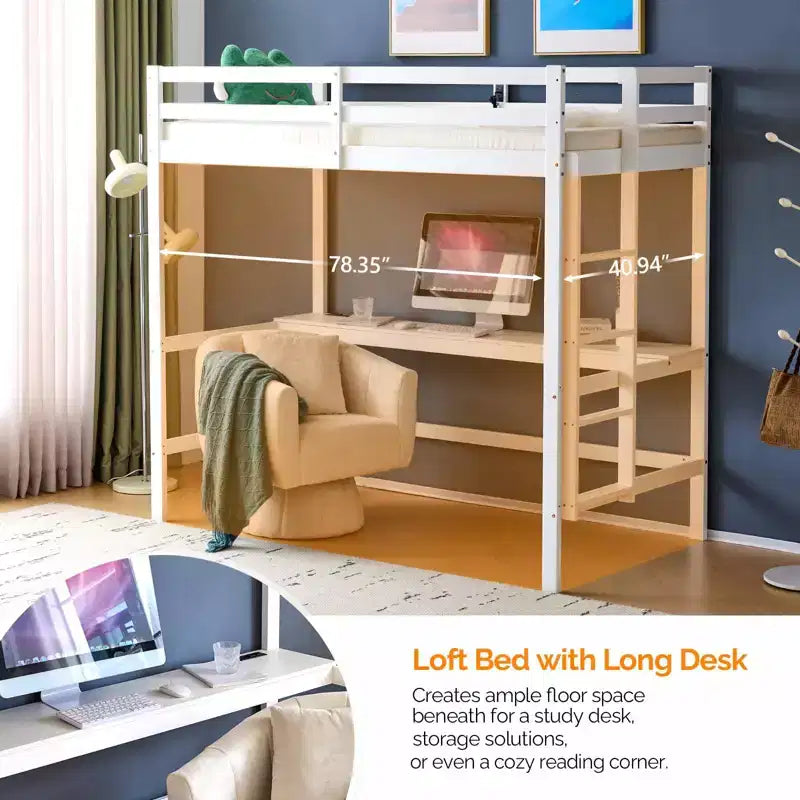 Vingli Letto a Soppalco con Scrivania, Letto a Castello in Legno Twin Size con LED RGB per Adulti, 2 Stazioni di Ricarica su Sponda Alta e Scrivania, Supporto a Doghe in Legno, Bianco