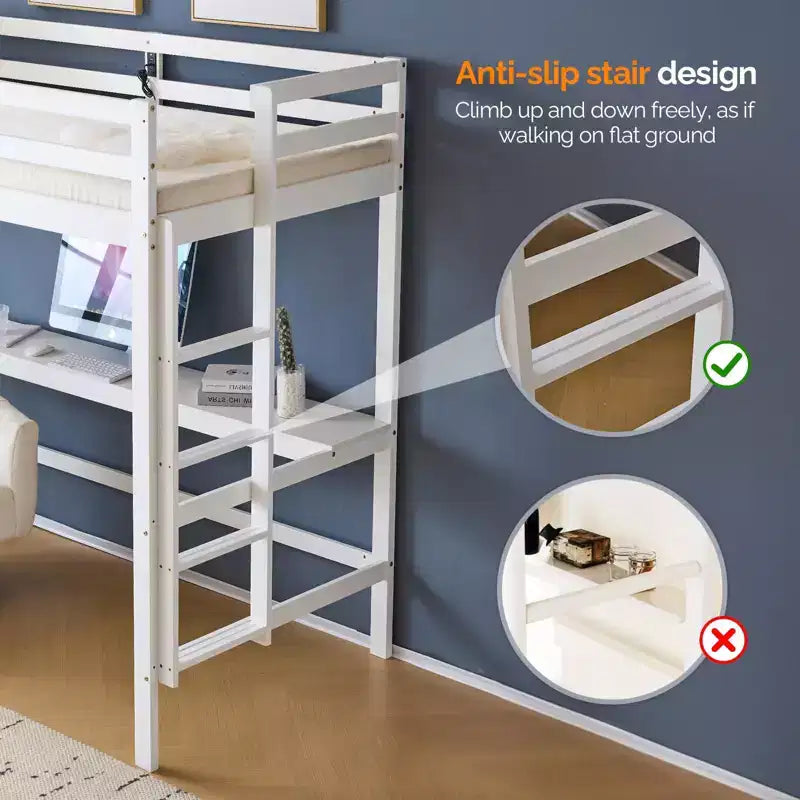 Vingli Letto a Soppalco con Scrivania, Letto a Castello in Legno Twin Size con LED RGB per Adulti, 2 Stazioni di Ricarica su Sponda Alta e Scrivania, Supporto a Doghe in Legno, Bianco
