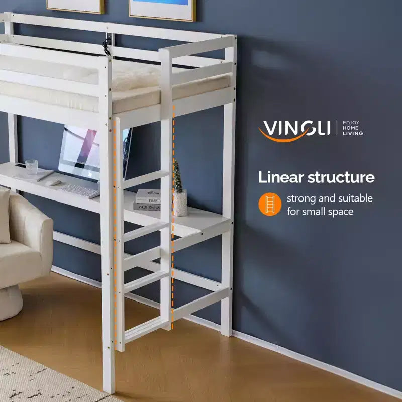 Vingli Letto a Soppalco con Scrivania, Letto a Castello in Legno Twin Size con LED RGB per Adulti, 2 Stazioni di Ricarica su Sponda Alta e Scrivania, Supporto a Doghe in Legno, Bianco