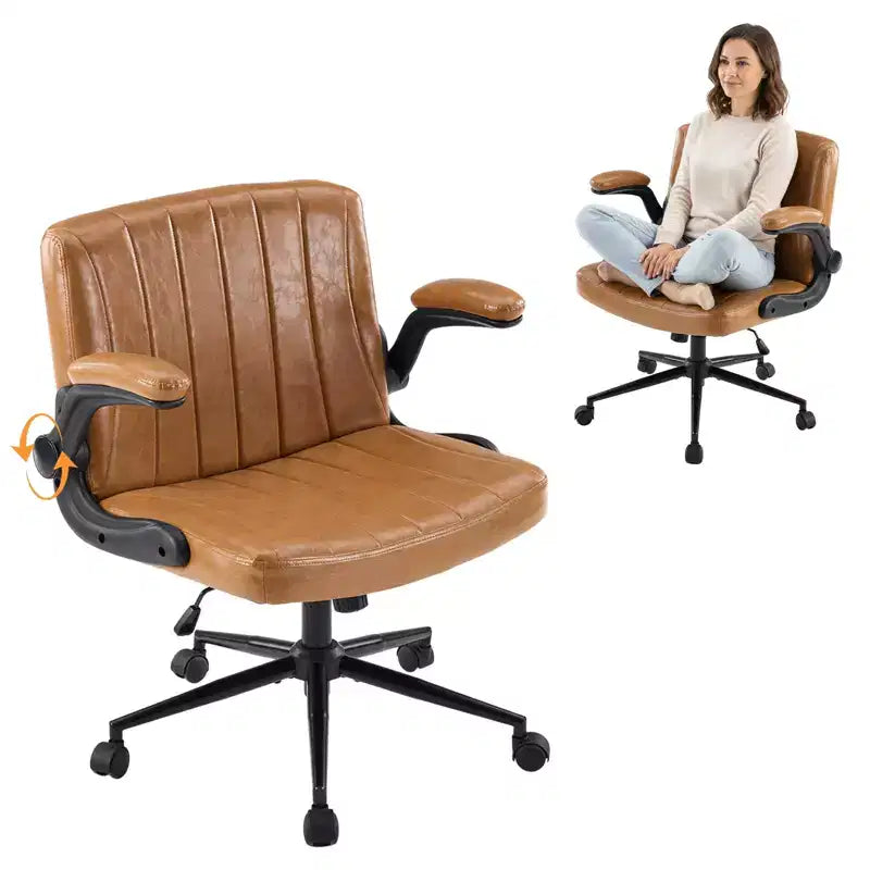 VINGLI Criss Cross Chair with Adjustable Flip-Up Arms,Cross Legged Chair with Wheels, Extra Wide Office Chair,PU Leather,Clay