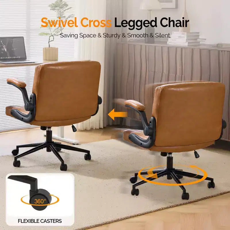 VINGLI Sedia Criss Cross con braccioli regolabili a scomparsa, Sedia con gambe incrociate e ruote, Sedia da ufficio extra larga, Pelle PU, Argilla