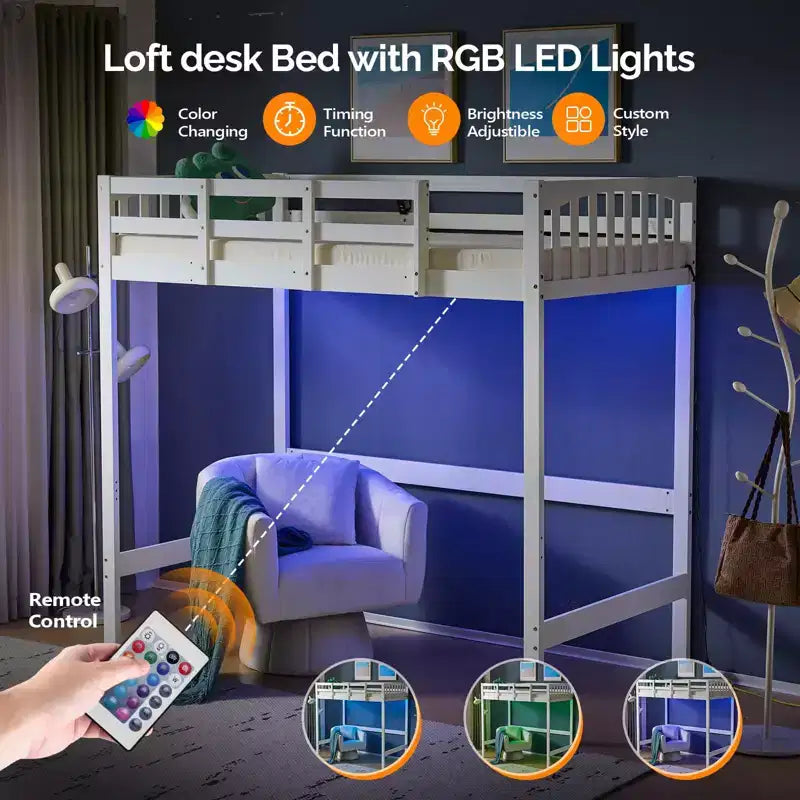 Letto a soppalco singolo VINGLI in legno con stazione di ricarica/LED, pioli piatti, sponda alta 15 pollici, supporto a doghe in legno senza bisogno di molle, Bianco