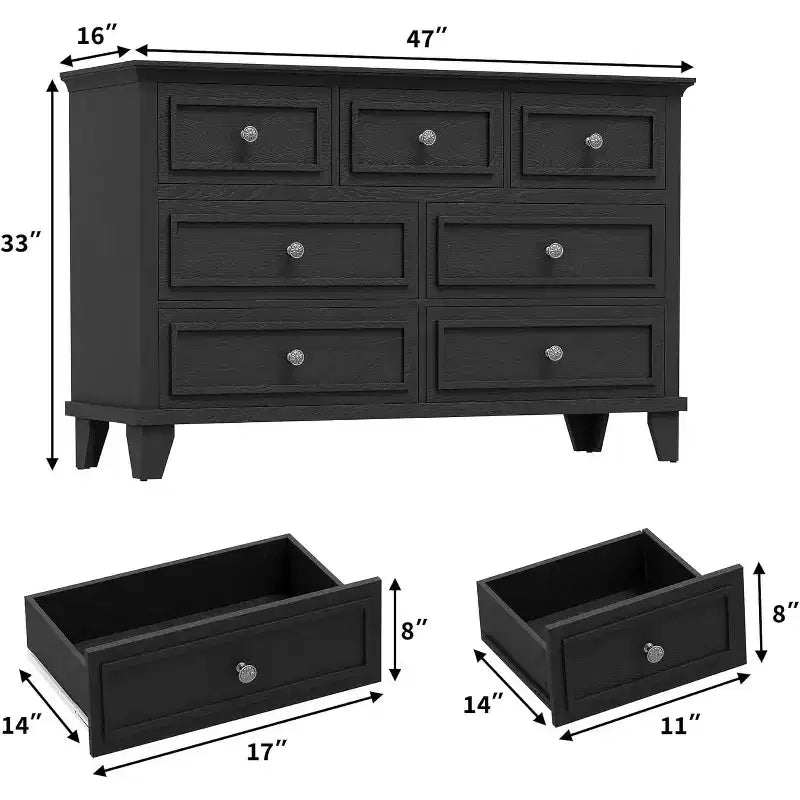 Cassettiera porta TV a 7 cassetti, mobile lungo moderno con maniglie vintage e ampio spazio contenitivo per soggiorno, camera da letto, corridoio