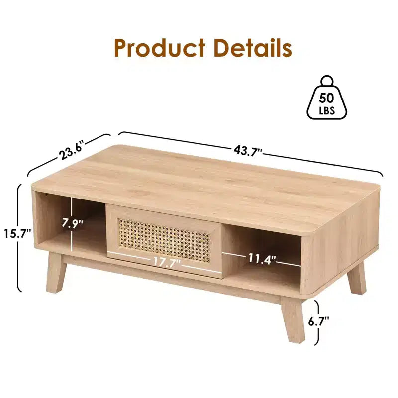 Okak Tavolino da caffè in legno a 2 livelli di metà secolo con cassetto in rattan e ripiano aperto, Tavolino da tè rustico per soggiorno, camera da letto