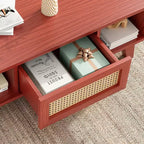 Okak Tavolino da caffè in legno a 2 livelli di metà secolo con cassetto in rattan e ripiano aperto, Tavolino da tè rustico per soggiorno, camera da letto