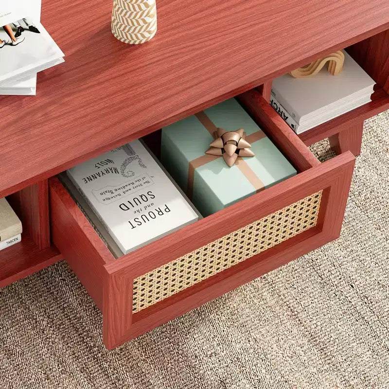 Okak Tavolino da caffè in legno a 2 livelli di metà secolo con cassetto in rattan e ripiano aperto, Tavolino da tè rustico per soggiorno, camera da letto