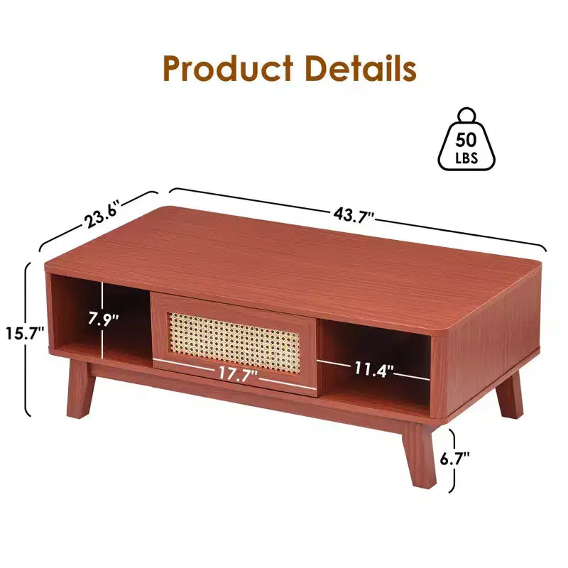 Okak Tavolino da caffè in legno a 2 livelli di metà secolo con cassetto in rattan e ripiano aperto, Tavolino da tè rustico per soggiorno, camera da letto