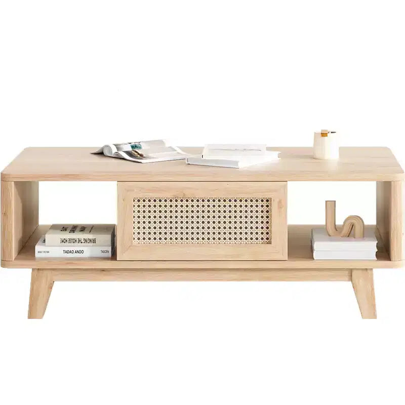 Okak Tavolino da caffè in legno a 2 livelli di metà secolo con cassetto in rattan e ripiano aperto, Tavolino da tè rustico per soggiorno, camera da letto