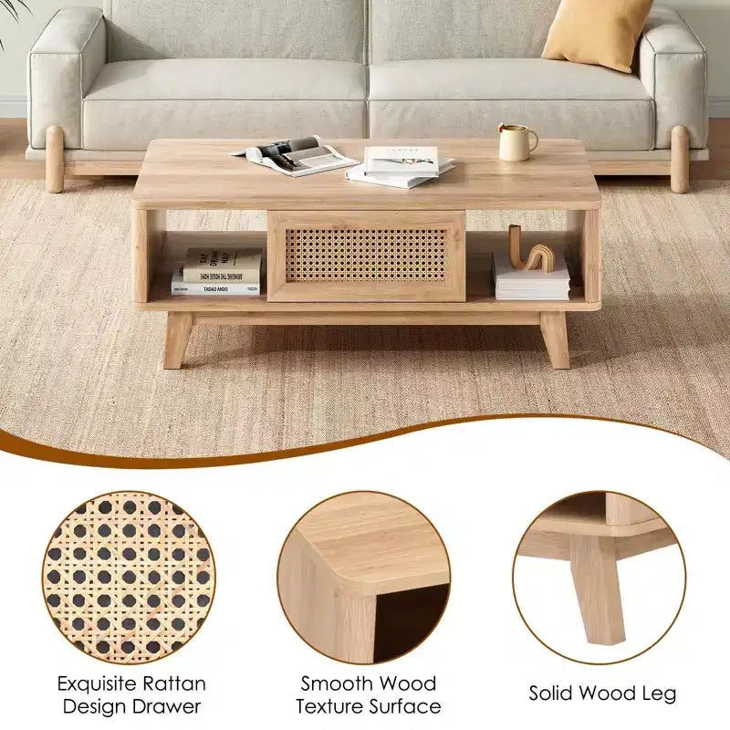 Okak Tavolino da caffè in legno a 2 livelli di metà secolo con cassetto in rattan e ripiano aperto, Tavolino da tè rustico per soggiorno, camera da letto