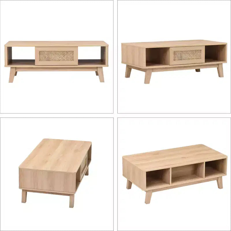 Okak Tavolino da caffè in legno a 2 livelli di metà secolo con cassetto in rattan e ripiano aperto, Tavolino da tè rustico per soggiorno, camera da letto