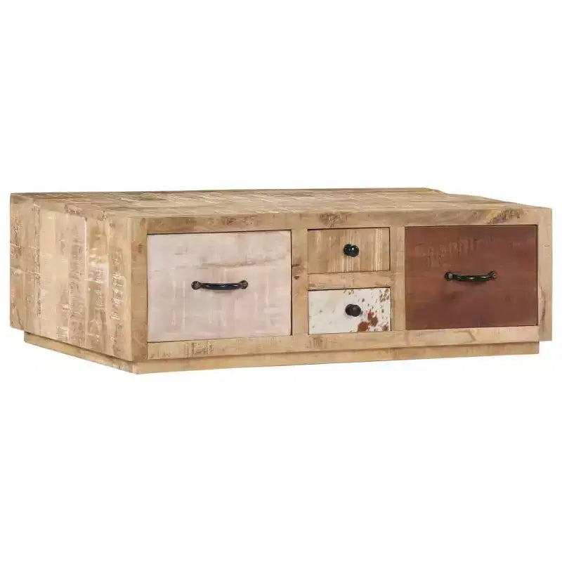 vidaXL Tavolino da caffè con 4 cassetti - Mobile artigianale in legno massello di mango - Elegante design rustico per soggiorno - Tavolino da divano marrone