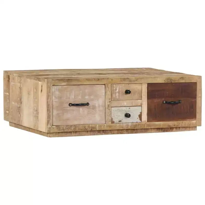 vidaXL Tavolino da caffè con 4 cassetti - Mobile artigianale in legno massello di mango - Elegante design rustico per soggiorno - Tavolino da divano marrone