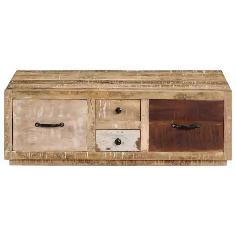 vidaXL Tavolino da caffè con 4 cassetti - Mobile artigianale in legno massello di mango - Elegante design rustico per soggiorno - Tavolino da divano marrone