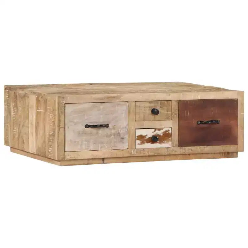 vidaXL Tavolino da caffè con 4 cassetti - Mobile artigianale in legno massello di mango - Elegante design rustico per soggiorno - Tavolino da divano marrone