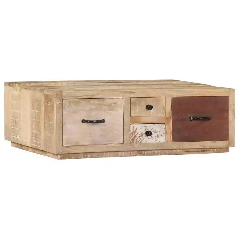 vidaXL Tavolino da caffè con 4 cassetti - Mobile artigianale in legno massello di mango - Elegante design rustico per soggiorno - Tavolino da divano marrone