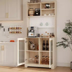 Dispensa Alta 71" con 2 Ante in Vetro, Mobile Contenitore Autoportante per Cucina con Ripiani Regolabili, Credenza Stile Rustico per Sala da Pranzo