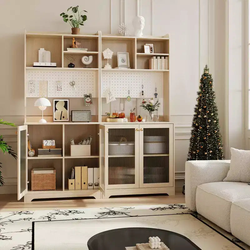 Dispensa Alta 71" con 2 Ante in Vetro, Mobile Contenitore Autoportante per Cucina con Ripiani Regolabili, Credenza Stile Rustico per Sala da Pranzo